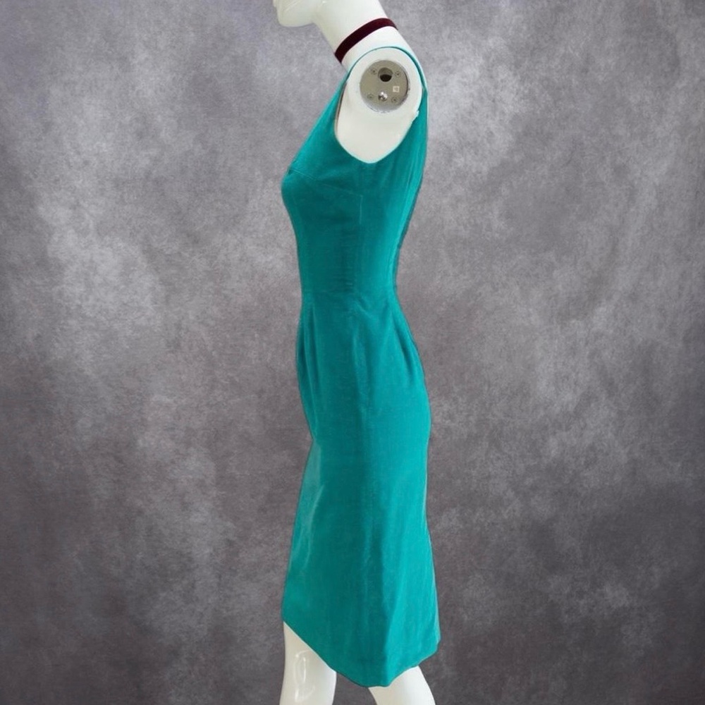 Vintage 1950s Joan Miller for Glen Teal Cotton Velveteen Sheath Dress ~24” waist - Picture 3 of 9